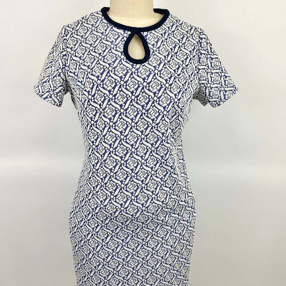 Vintage 1960s Dress | Blue White | Zipper Back | Key Hole Neck